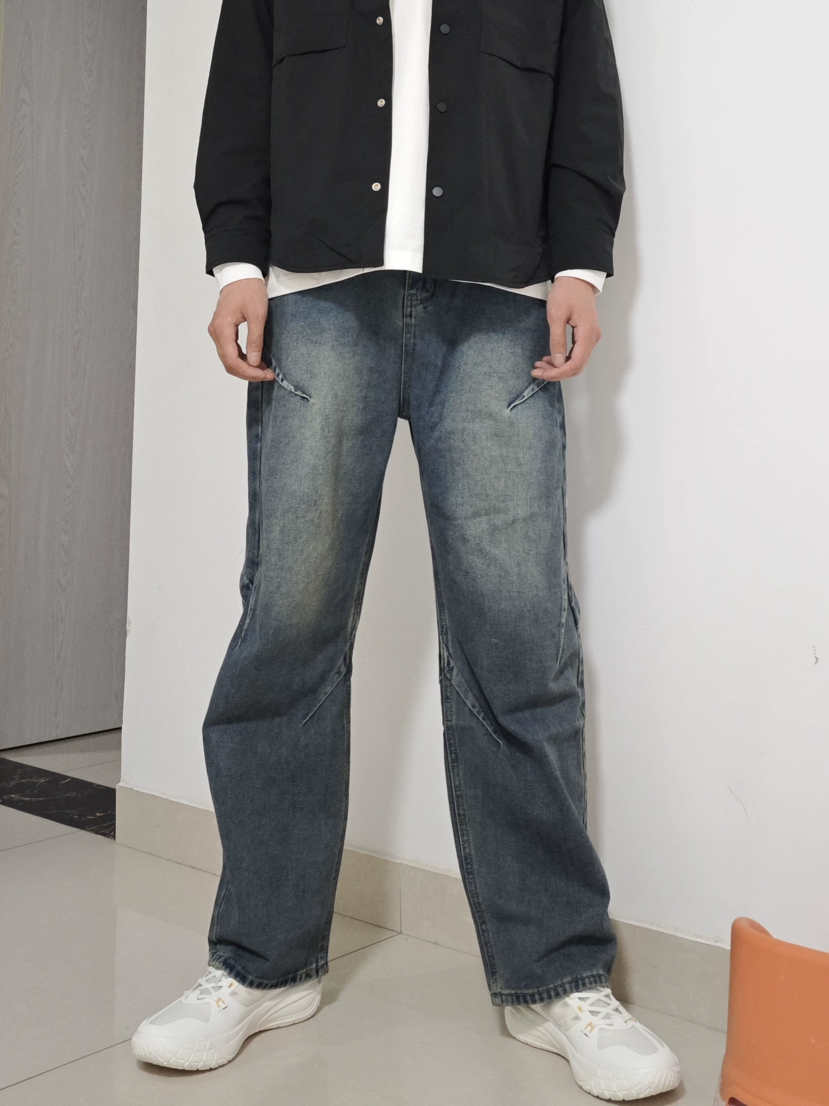 Calças de ganga para homem Paul Frank com lavagem – Calças de ganga largas vintage azuis de outono 2025, estilo americano, com perna direita